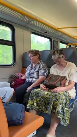 Two women are sitting next to each other on a train. The woman on the left is wearing a striped shirt and glasses. The woman on the right is wearing a white sweater and a floral skirt. She has a purse on her lap. Both women appear to be dozing. The train car is visible, with windows showing trees outside. There are other passengers and luggage visible in the scene.