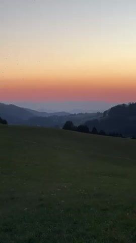 The video shows a panoramic view of rolling hills and a gradient sunset. The foreground consists of a lush green meadow. In the midground, there are more rolling hills covered in trees, with some visible structures or buildings. The background features layers of hazy, distant mountains. The sky displays a vibrant sunset with colors transitioning from pale yellow and orange at the horizon to pink and then a soft blue towards the top of the frame. Several small, dark specks, possibly birds, are visible in the upper left portion of the sky. The lighting suggests it is either sunrise or sunset. There are no people or animals clearly visible in the video, except for the distant specks in the sky. The camera is stationary, offering a static landscape view.