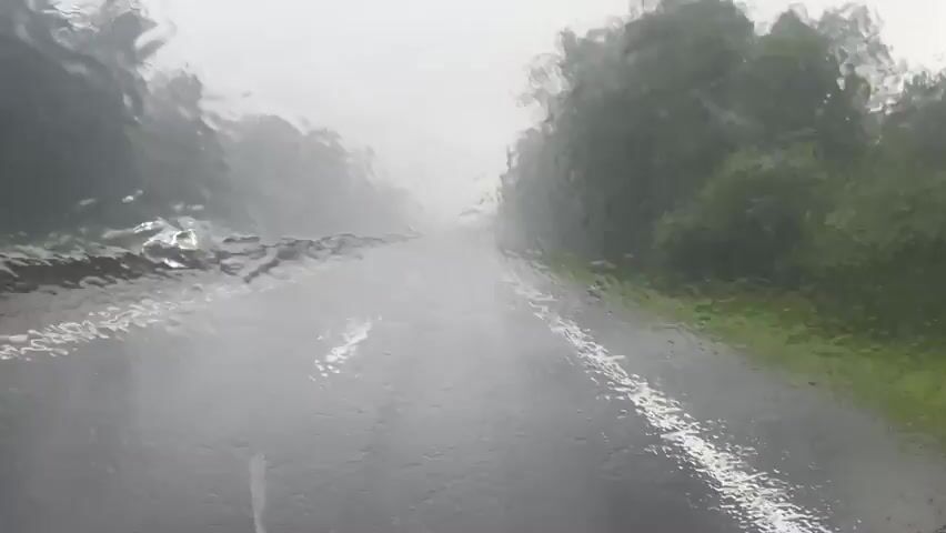 The video shows a view from inside a vehicle looking out through the windshield during a heavy rainstorm. The windshield is covered in raindrops, distorting the view of the road ahead, which appears wet and reflective. Trees line the sides of the road, and their foliage is a dark green, also appearing wet. The weather is overcast and foggy, creating a hazy atmosphere. The driver's side windshield wiper is partially visible on the left side of the frame. The road has white lane markings, one solid line on the right and a broken line in the center. The overall impression is of a gloomy and rainy day, with limited visibility.