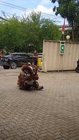 The scene shows a lion dance performance on a paved brick area. The lion costume is brown with elaborate white and silver detailing. It moves and shakes, mimicking a lion's movements. In the background, a man in a purple shirt is standing near a yellow car. A black SUV is parked nearby, and a motorcycle is visible to the right. There's a beige wall with a green sign and an Indonesian flag mounted above it. Trees and a partly cloudy sky form the backdrop.
