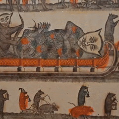 Folk costumes and classical paintings inside a Ulyanovsk museum