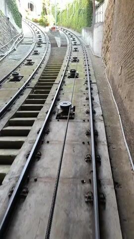 The video shows a view from a funicular railway track looking uphill. The track is made of concrete and metal, with two parallel rails. A thick cable runs along the center of the track, connected to pulleys. Steps are built into the side of the track. Lush green ivy covers the walls on either side of the track, and a stone wall is visible on the right. The sky is visible at the top of the frame. The camera is moving slowly uphill, following the direction of the funicular.