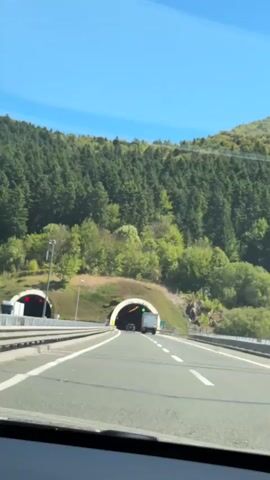 A car POV shot shows two lanes of a highway approaching a tunnel entrance on a clear, sunny day. The tunnel is set into a grassy hillside covered with dense green trees. Traffic signs are visible on the left side of the road. As the car gets closer to the tunnel, a sign above the entrance reads "TUNEL PLASINA". The car enters the tunnel, which is lit by rows of yellow lights. A truck is visible ahead within the tunnel.