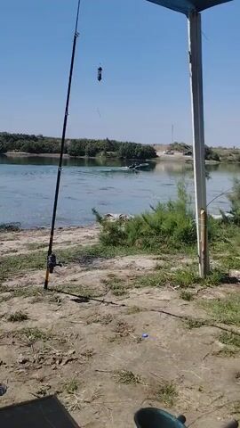 A fishing rod is propped up in the foreground with a weight hanging from the line. The rod is positioned on a dirt and grass area. In the background, a body of water is visible, with a boat on the water and green foliage along the shoreline. The sky is clear and blue. The scene appears to be outdoors during the day.