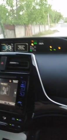 The video shows the interior of a car, looking forward through the windshield. The dashboard is visible, with a digital speedometer displaying 33, then 22, and then 16. A touchscreen infotainment system is on the right side of the dashboard. The car appears to be moving on a paved road with trees and some buildings on either side. The sky is overcast. There are no people visible in the video.
