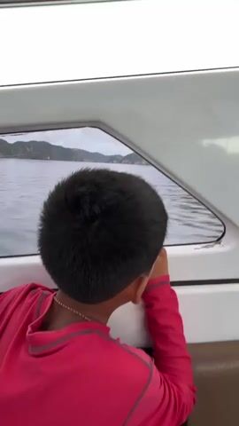 A young boy wearing a bright pink long-sleeved shirt and a gold chain looks out of a window on a boat. He rests his head on his hand as he gazes at the ocean and a distant, lush green island with rocky outcrops. The water appears calm, and the sky is overcast. The interior of the boat is visible, with white walls and a brown seat. The camera pans slightly to show more of the island and the water.