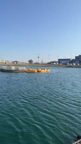 The video is a horizontal pan across a calm, blue body of water. In the background, several bright yellow paddle boats are docked at a circular platform. Further in the distance, a row of colorful beach huts stretches along a grassy embankment under a clear blue sky. A few buildings and parked cars are also visible in the far background, suggesting a developed area adjacent to the water. The water itself is rippling gently, reflecting the sunlight.