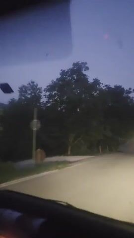 The video shows a perspective from inside a vehicle driving on a paved road at dusk. Large trees line the left side of the road, casting shadows and partially obscuring the sky. The sky is a deep blue, indicating fading daylight. The headlights of the vehicle illuminate the road ahead, which curves gently to the right. There are some faint lights visible in the distance, possibly streetlights or lights from houses. The overall impression is one of a quiet, rural drive as evening approaches.