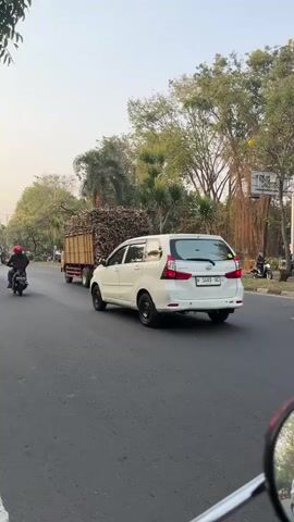 A street scene with multiple vehicles and pedestrians. The camera pans across a road with several motorcycles and cars. A white van is in the left lane, followed by a truck loaded with what appears to be sugar cane. A scooter with two riders is in the right lane, followed by another scooter and then a silver car. The road is paved, and trees line the sides of the street. The sky is overcast.