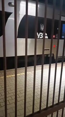 A still image shows a train stopped at a station platform. The train is silver and black with a Ukrainian trident logo. The platform is paved with yellow and gray bricks. A metal gate is in the foreground, obscuring some of the view. The lighting suggests it is nighttime or indoors.
