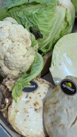 The media displays a close-up, top-down view of a variety of fresh produce arranged on a metallic surface, likely a market stall. The scene is brightly lit, suggesting it's daytime, possibly indoors in a market.

The subjects are primarily vegetables. Prominently featured are a large head of cauliflower, several heads of cabbage, and a selection of leafy greens including romaine lettuce and what appears to be red oak leaf lettuce. Bundles of leeks with their roots intact are visible, along with white onions and bunches of carrots and beets. The produce appears fresh and vibrantly colored.

There are no people visible in the frame. The overall activity is the display of fresh produce for sale. The setting is a market, indicated by the presentation of goods and the presence of a label on a small plastic-wrapped item in the foreground. The visible text on this label includes "romart" in a dark font within a white oval. The context "Portals Nous, Spain" suggests this market is located in that area. The mood is one of freshness and abundance.