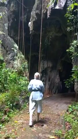 A person walks on a tiled path towards a dark cave entrance. The person has short blonde hair, wears a light blue shirt, and light gray shorts with white shoes. The cave is surrounded by lush green vegetation and hanging vines. The path is made of rectangular tiles and covered with leaves and plant debris.  The cave opening is large and shadowed.