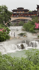 Scenic waterfall and traditional townscape captured in Furong, China