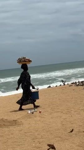 A woman walks along a sandy beach carrying a tray of food on her head and a blue bucket in her hand. The ocean with waves is visible behind her, and several seagulls are scattered on the sand. In the background, a few people are sitting on the beach. The sky is cloudy.