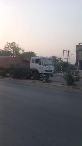 The video shows a roadside scene on a day with slightly hazy, pale sky. The road itself is asphalt, with some minor wear and tear. Along the side of the road, there's a strip of greenery with small bushes and some taller trees in the background. Several large trucks, some brown and one blue, are parked on this strip. At one point, a red car passes by quickly. There's a cow in the middle of the grassy area separating the lanes. A motorcycle also drives by on the main road. A utility pole with visible wiring is also present. A building can be seen further away in the background.