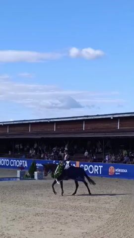 A horse and rider are in an arena, likely a riding competition. The horse is dark brown and has a wreath around its neck. The rider is wearing a white shirt and dark pants. The arena has a sand surface and a wooden building with bleachers in the background. There are banners visible with text that appears to be in Russian. The sky is blue with some white clouds. The horse and rider appear to be moving at a walking pace.