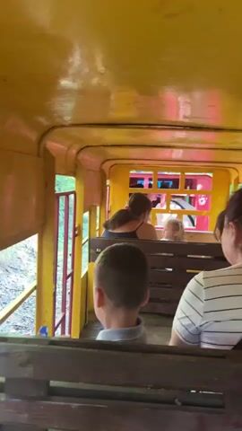 The video captures the interior of a bright yellow train car, likely an amusement park ride, moving through a wooded area. The camera is positioned looking forward and slightly to the right, showing wooden benches on either side of an aisle. In the foreground, a young boy with short brown hair faces away from the camera, seated on a bench. To his right, a woman with dark hair pulled back in a ponytail, wearing a striped shirt, leans forward and appears to be interacting with the boy. Further down the train, other passengers are visible, including a child in the distance. The windows offer glimpses of lush green foliage and trees rushing by, indicating the train's movement. The overall lighting suggests daylight.