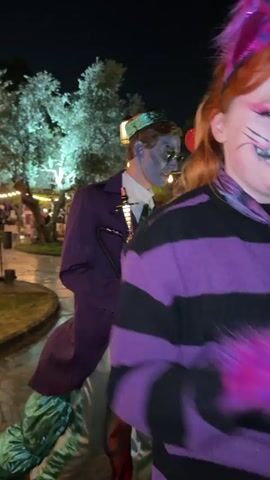 The video captures a nighttime outdoor scene featuring two individuals in elaborate costumes, strongly suggesting an "Alice in Wonderland" theme.

On the left, a man is dressed in a costume resembling a combination of the Mad Hatter and the Caterpillar. He has blue face paint, wears a greenish-gold headpiece, dark purple tailcoat, white shirt, green tie, and light-colored pants. He also wears glasses and carries a large, ornate hookah pipe with a long hose and a glass base. He smiles slightly, looking towards the right.

Beside him, a woman is dressed as the Queen of Hearts. She wears a rich red and black dress with lace detailing, features heart-shaped makeup on her cheeks, and has blonde hair styled with a crown adorned with large red hearts. She gestures playfully, pointing directly at the camera in one frame.

A third person, partially visible on the far right, wears a purple and black striped outfit, possibly depicting the Cheshire Cat.

The background shows a dark outdoor setting illuminated by numerous warm string lights and lanterns hanging overhead. A body of water, likely a pond or canal, is visible behind a metal railing, reflecting the lights. Trees and distant illuminated structures add to the festive, whimsical atmosphere of what appears to be a themed event or party. The overall mood is playful and theatrical. There is no visible text.