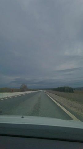 A car is driving down a relatively empty highway on an overcast day. The view is from inside the car, looking out over the hood. The road is asphalt, with white lines marking the lanes.  On either side of the road is a strip of land, with some low-lying vegetation and trees in the distance. The sky is filled with gray clouds.