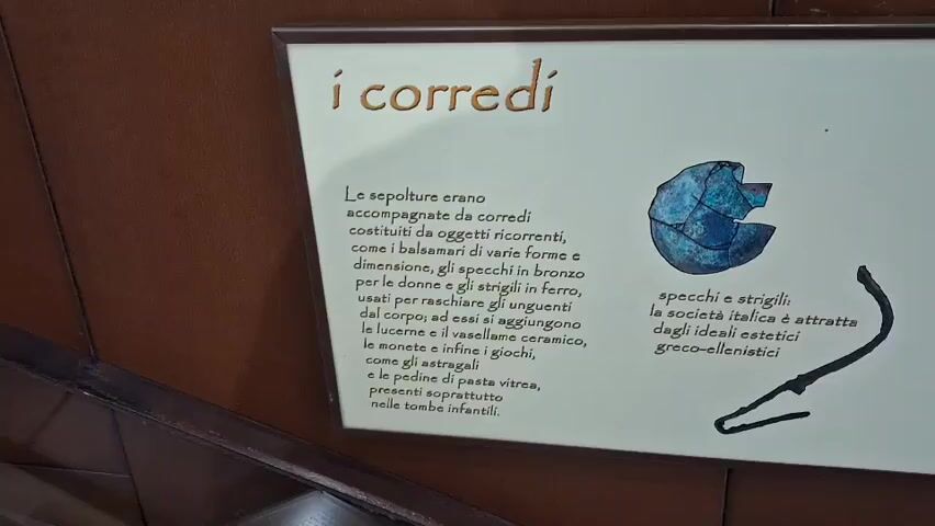 The video pans across a museum exhibit display. The display is a large, horizontal rectangular plaque with text and images. The title of the exhibit is "i corredi". The text on the left describes grave goods found with burials, listing items like balsamaria, bronze mirrors, strigils, lamps, ceramic vessels, coins, astragali, and glass paste beads. Images on the right show some of these artifacts: a broken blue ceramic vessel, a black curved metal object that appears to be a strigil, a series of ceramic vessels of varying sizes and shapes, and a cluster of small, rounded objects that appear to be beads or small stones. The video continues to pan to the right, revealing more images and text. One section discusses how the strigils and mirrors reflect the Italic society's attraction to Greco-Hellenistic aesthetic ideals. Another section shows a small blue fragment of what might be glass or pottery, described as coins accompanying the great journey. Further to the right, there are images of what appear to be dice made from bone or stone, described as astragali, and a reddish-brown stone object. The exhibit is displayed on a wall, with a wooden frame and a dark wooden shelf or display base visible in the foreground. The lighting in the exhibit appears to be neutral. No people are visible in the video.