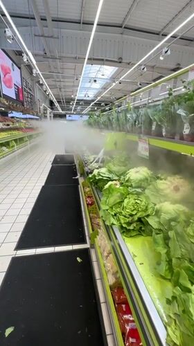 Inside a Villemomble supermarket: misted lettuce and cheese aisles