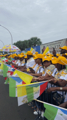 Uniformed crowd gathers for parade ceremony in Malabo