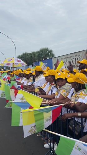 Uniformed crowd gathers for parade ceremony in Malabo