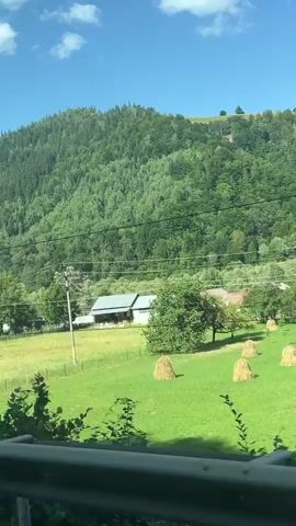 The video pans across a rural landscape on a sunny day. A lush green hill covered in dense trees dominates the background. In the midground, there are several buildings with white and gray roofs, some appearing to be houses or farm structures, situated within a green field. A wooden fence runs along the edge of the field. Telephone poles and wires are visible. On the right side of the field, a haystack is piled high. In the foreground, there are dark green leafy bushes and a metal railing. The camera movement is smooth, suggesting it is mounted on a moving vehicle. The sky is blue with scattered white clouds.