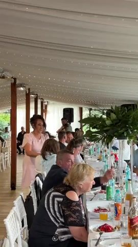 A group of people are seated at a long table in a tent-like structure, enjoying a meal. A woman in a pink dress is standing next to the table, looking towards the back of the room. In the background, a man is playing a violin. The table is set with plates, glasses, bottles of water, and other beverages. There are also large floral arrangements on the table. The ceiling of the tent is draped with white fabric and decorated with string lights.