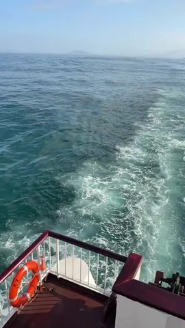 The video captures a scenic boat journey in the open sea near Corralejo, Spain, under a bright, sunny sky with scattered clouds.

The initial shots from 0:00 to 0:03 show the view from the stern of a boat, highlighting the foamy white wake trailing behind in the blue-green water. Distant landmasses, possibly islands or mountains, are visible on the horizon, creating a clear line against the sky.

From 0:03 to 0:05, the perspective shifts to a side or forward view from the boat. The sun shines brightly, creating a strong glare and reflection on the water's surface. A white pole with some equipment and a red detail (possibly a flag or ribbon) is visible in the foreground. Another distinct island or landform is seen in the distance. Towards the end of the video, a small sailboat can be spotted in the calm waters on the right side of the frame, further emphasizing the maritime setting. The boat's railing, with white and dark red elements, is also visible at the bottom of the frame, framing the expansive sea views.
