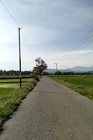 The camera travels along a narrow paved road cutting through a rural landscape. Lush, green rice paddies stretch on either side of the road, meeting the horizon where a range of mountains is visible under a sky with scattered clouds. Power lines run along the roadside, supported by utility poles. A few scattered trees and buildings dot the landscape in the distance.