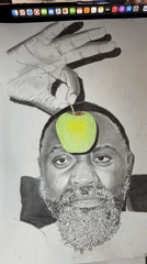 Artist sketches portrait of man with apple in Jos