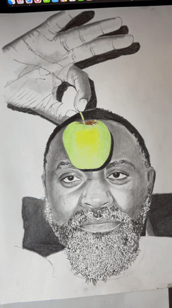 Artist sketches portrait of man with apple in Jos