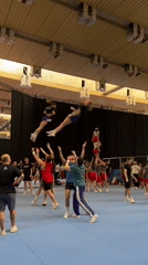 Cheerleading team practices lifts and throws in Khimki gymnasium