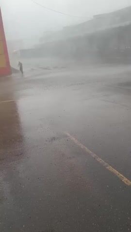 This media file depicts an outdoor scene during a heavy downpour, likely in Zaslavye, Belarus. The ground is wet and reflects the surroundings. The sky is overcast and a strong wind is blowing, causing a lot of spray and obscuring visibility.

In the foreground, there's an asphalt surface with yellow lane markings. To the left, a building with red and yellow panels is visible, featuring a garage door and a small window. A person, dressed in dark clothing, is standing near this building, appearing to be working or interacting with something obscured by the rain and spray.

In the background, a long, industrial-style building with multiple doors or loading bays is seen through the heavy rain and mist. The overall atmosphere is bleak and suggests a challenging weather event. The time of day is difficult to determine precisely due to the overcast conditions, but the lighting suggests it could be daytime. The overwhelming presence of rain and wind is the most prominent feature, creating a sense of urgency or a struggle against the elements. There is no visible text in the media file.