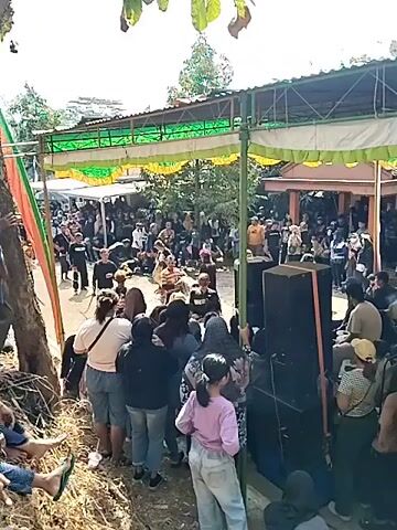 The video shows an outdoor gathering with a large crowd of people. A temporary canopy, decorated with green and yellow fabric, is set up, likely for an event. In the foreground, several individuals are standing and looking towards a central area where a performance or activity is taking place. Large speakers are visible to the right. In the background, more people are gathered, some seated, others standing. The environment appears to be a village or rural setting with trees and buildings visible. The overall atmosphere suggests a community event, possibly a cultural performance or celebration.
