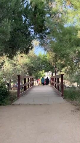 A first-person perspective video shows a person walking towards a wooden bridge surrounded by trees. Two figures are walking away from the camera on the bridge and disappear from view. The camera continues to walk across the bridge and beyond, passing a lamppost on the right side. In the distance, several parked cars are visible, with one red car being prominent. The scene appears to be a park or a recreational area with lush greenery.