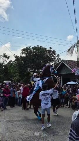 A brown horse with a rider wearing a white helmet and blue and white attire is being led by several young men in white t-shirts and shorts. The horse is being held by a rope or reins and appears to be rearing up on its hind legs, with its front legs in the air. The rider is seated on the horse. A crowd of people, including men, women, and children, are gathered on both sides of the street watching the event. Some people in the crowd are holding umbrellas. The scene takes place outdoors during the day, with a blue sky and some clouds visible. There are trees and buildings in the background. Power lines are visible across the sky. The ground is paved. The overall atmosphere appears to be festive, possibly a parade or performance.