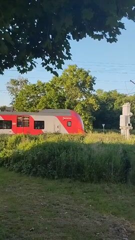 A modern red and silver train passes through a rural landscape in Pereslavskoye, Russia. The train has red accents on its sides and windows. It is traveling on a track that is bordered by lush green grass and trees. A white building with a red roof and a sign featuring a red symbol is visible near the train tracks, possibly a small station or crossing control booth. Overhead, power lines crisscross the sky, indicating an electrified railway. The sky is clear and blue, suggesting a sunny day. The time of day appears to be late afternoon or early evening due to the soft lighting. The scene is peaceful and serene, with the train being the sole focus of movement in the otherwise still environment. There is no visible text on the train itself, but the building has some markings that are not clearly legible.