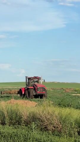 A red tractor is parked in a field under a partly cloudy blue sky. The tractor has large wheels and a tall exhaust pipe. In the foreground, there is green grass and brush. Behind the tractor, there is a field of dry, cut vegetation and a small pile of debris. The terrain appears to be rolling hills.