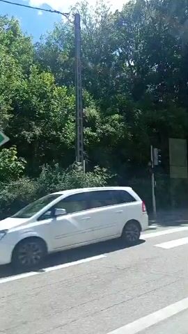 This media file captures a view from a moving vehicle, likely a car or bus, looking out at a street scene in Nancy, France. The camera pans across a road with a clear pedestrian crossing in the foreground. Beyond the crossing, there's a dense line of trees and foliage that obscures much of the background.

Visible objects include a tall lamppost near the pedestrian crossing. Further along, a large billboard is mounted on a raised platform, with some text and images that are partially visible due to the distance and image quality. There's also what appears to be a bus stop shelter or similar structure with glass panels on the right side of the frame. The overall setting appears to be a semi-urban or suburban area with a significant amount of greenery.

The time of day appears to be daytime, with bright sunlight filtering through the trees, creating dappled shadows on the road. The weather seems fair and sunny. There are no people clearly visible in the frames, nor any strong emotional cues. The activity is simply a vehicle moving through a street in Nancy, France, with the camera capturing the passing scenery. The visible text on the billboard is too indistinct to read.