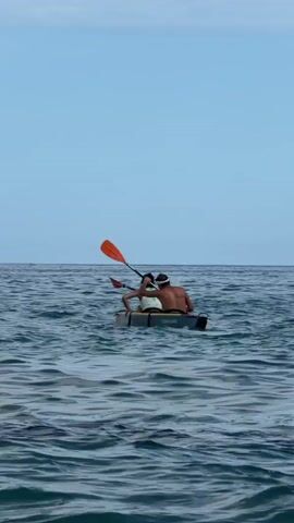 A long shot captures two individuals kayaking on a calm sea under a clear blue sky. The water is a deep blue with moderate waves, and the sky is a pale blue with a few faint clouds. The two people are in a tandem kayak, with one person in front and the other in the back. Both are holding paddles and are actively paddling. The person in the back is shirtless, wearing a white visor, while the person in the front is wearing a green and white shirt. Their paddles have orange blades. The kayak is dark colored with some white accents and has a brand name visible. The perspective is from behind the kayak, looking out towards the horizon. The overall impression is one of peaceful, shared activity in a natural environment.