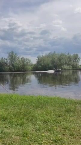 A boat is seen in the middle of a calm body of water with a green grassy bank in the foreground. The sky is cloudy. A stand-up paddleboard is lying on the grass on the right side of the frame.