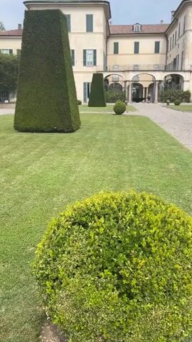 The video pans across a manicured garden in front of a large, light-colored building with arched windows and a terracotta roof. The building appears to be a villa or a historic estate, possibly in Varese, Italy, given the prompt's location context. In the foreground, a large, perfectly trimmed, conical evergreen hedge dominates the left side of the frame. Further back on the well-maintained green lawn, there are two smaller, similarly shaped evergreen topiary sculptures, one cone-shaped and the other spherical. A gravel pathway winds its way towards the building, flanked by more manicured greenery.

The sky is overcast, suggesting it's either early morning or late afternoon, or that the weather is generally cloudy. The lighting is soft and diffused. There are no discernible people in the frame, although a distant figure can be faintly seen near the entrance of the building on the right side of the screen. The overall impression is one of serene elegance and formal garden design, characteristic of European estates. The scene conveys a sense of tranquility and the beauty of a well-kept outdoor space. There is no visible text in the media file.