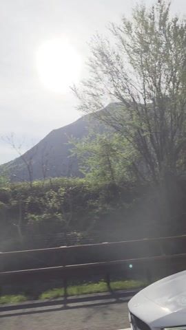 The video captures a bright, sunny daytime view from a moving vehicle, likely on a highway in the region of Ala, Italy. A dark guardrail is visible in the foreground, indicating the edge of the road. Beyond it, a strip of green grass and dense foliage, including trees and bushes, lines the highway. In the background, a large, dark mountain stretches across the frame under a bright, almost white sky, with the sun prominently featured, creating a lens flare effect.

As the vehicle moves forward, the scenery changes. Initially, a tall, slender pole or tower stands out against the mountain. Later, various trees pass by, including one with bare branches, and then a white truck becomes visible on the right side, partially obscured by trees. The perspective suggests traveling alongside the mountain, offering glimpses of the natural landscape and roadside elements.