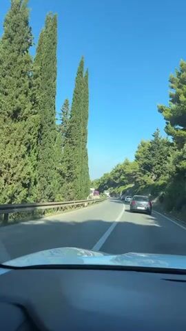 The video shows a view from inside a car driving on a road. Tall, slender evergreen trees line the left side of the road, while a body of water, possibly the sea, is visible in the distance on the left. The road curves to the right and is bordered by a low wall and more trees on the right. Several other cars are on the road ahead, also driving in the same direction. The sky is clear and blue. The sun is shining, casting shadows on the road.