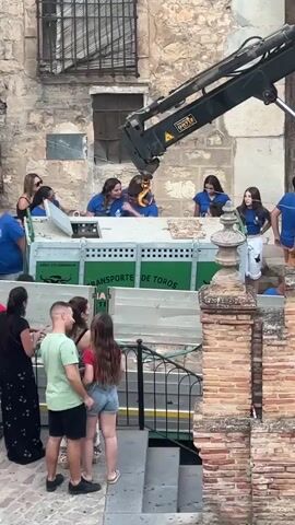 A crane is lifting a green and white trailer labeled "TRANSPORTE DE TOROS" which is likely transporting bulls. Several people, mostly young women wearing blue shirts, are standing on top of the trailer. A group of onlookers, including men and women, are watching from below. The scene appears to be in a town square or street with old stone buildings. The weather seems to be warm and sunny.