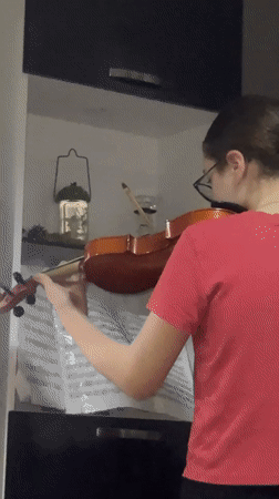 Violin practice session captured in Tbilisi apartment during sunset
