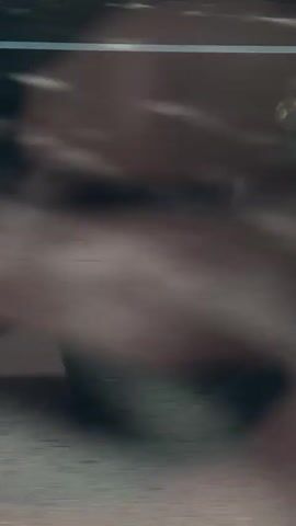 This video captures a close-up, low-angle shot of a road surface with a white line. Shadows of trees and possibly a vehicle are visible, indicating it is daytime. A portion of a vehicle's wheel and fender is seen moving across the frame from left to right. The scene appears to be a street or roadway, with the camera positioned very close to the ground.