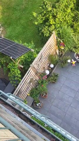 A high-angle shot shows a patio area adjacent to a garden. The patio is paved with large, dark gray tiles. To the left of the patio, a slanted solar panel is visible, supported by wooden beams and partially covered by green foliage. A wooden fence separates the patio from a lush garden area. The garden features various plants, including flowering bushes, tall grasses, and trees. Several decorative items are scattered throughout the garden, such as white spherical lights, figurines of birds and a clown-like character, and a hanging lantern. A large potted plant sits near the center of the garden. The overall scene depicts an outdoor living space with a mix of functional and decorative elements.